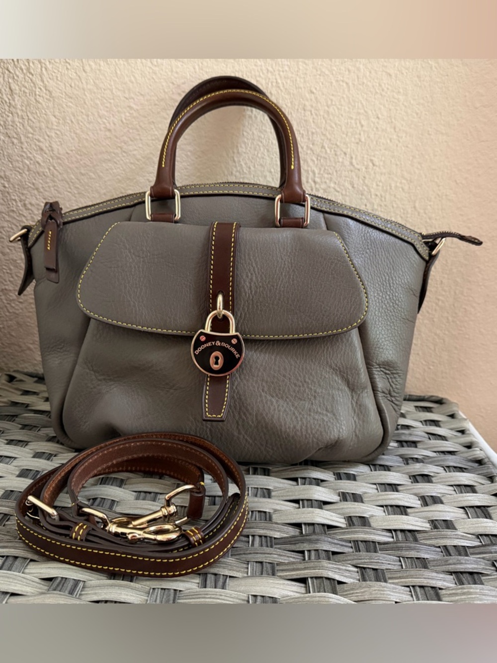 Dooney & Bourke Gray Pebbled Leather Satchel with Brown Trim - Picture 15 of 16